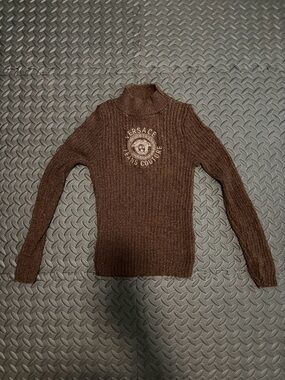 Versace Brown Ribbed Turtleneck Sweater with Logo